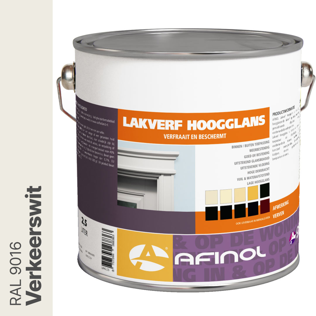 Afinol Hoogglans Lakverf Verkeerswit (RAL 9016) 2,5 liter