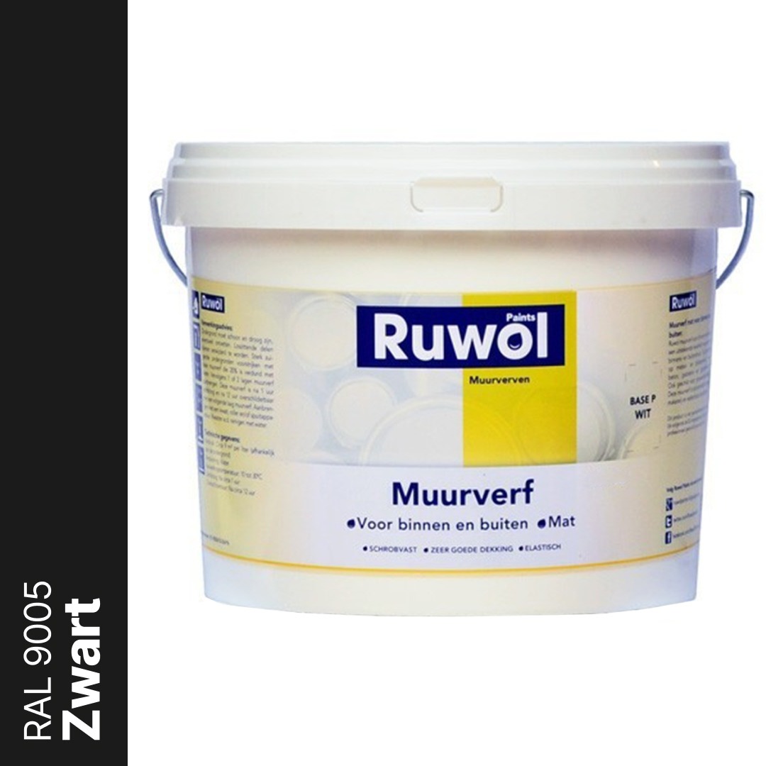 Ruwol Muurverf binnen en buiten Mat Zwart (RAL 9005) 5 liter